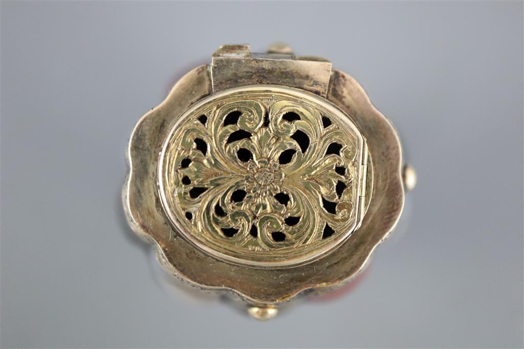 A 19th century engraved gold mounted Scottish hardstone and cabochon set vinaigrette,